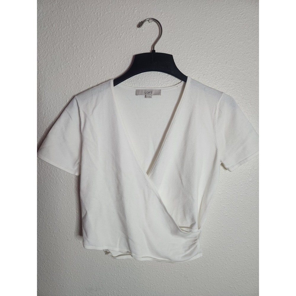 Loft Womens White Short Sleeve Faux Wrap Cropped Top V-Neck Size M Casual